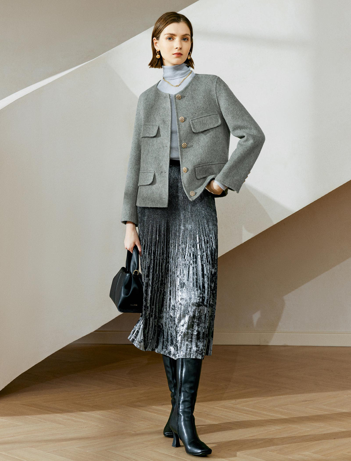 Wool Decorative Pockets Cropped Coats