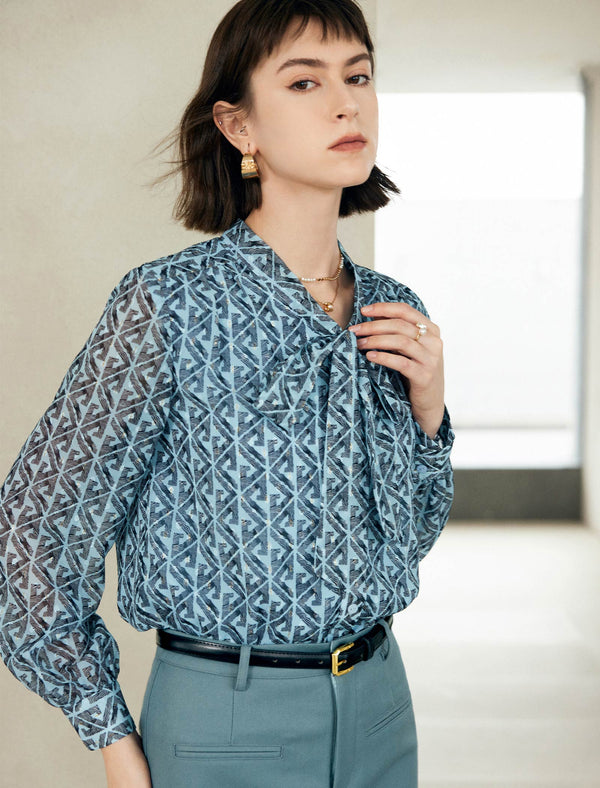 Geometric Print Bow Tie Blouse