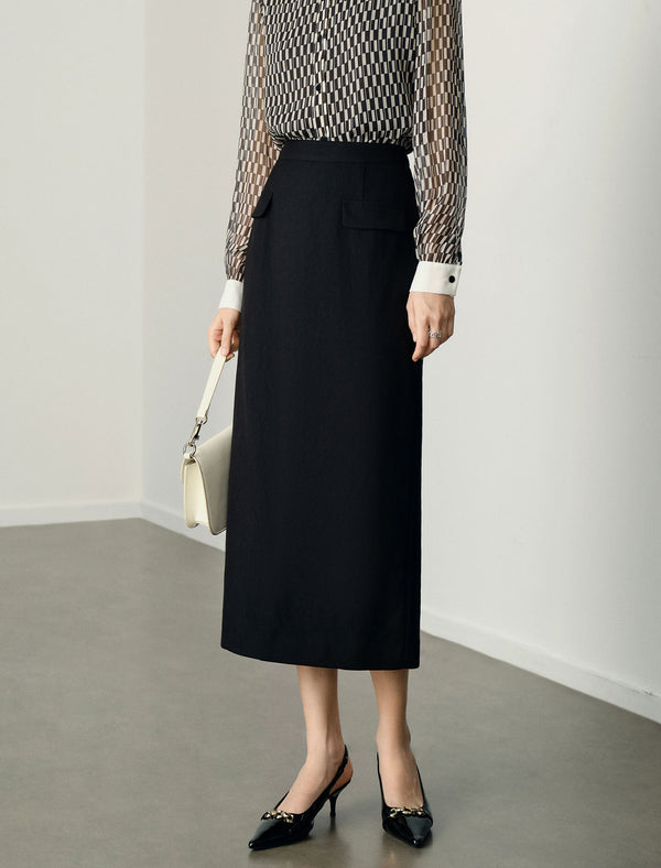 Back Slit Pocket Detail Midi Pencil Skirt