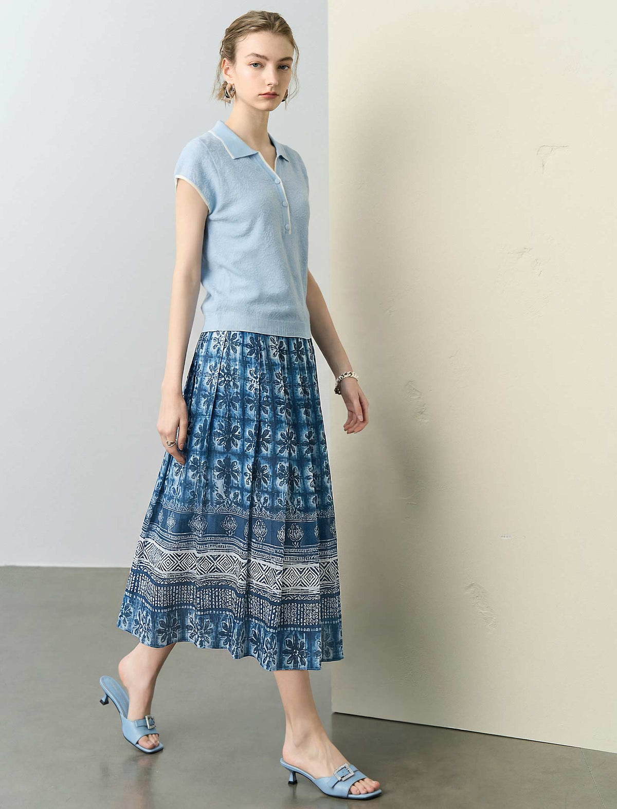 Indigo Blue Printed Pleated Midi Skirt