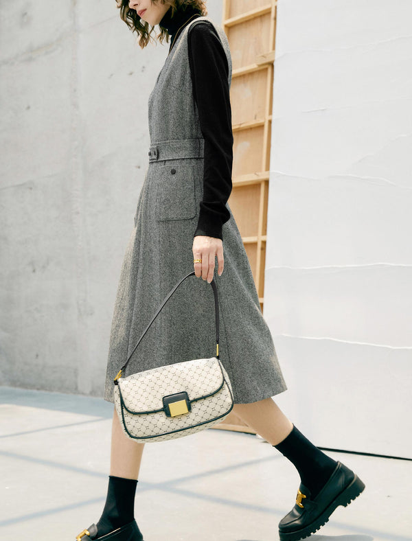 Wool V-Neck Belted Sleeveless Midi Dress