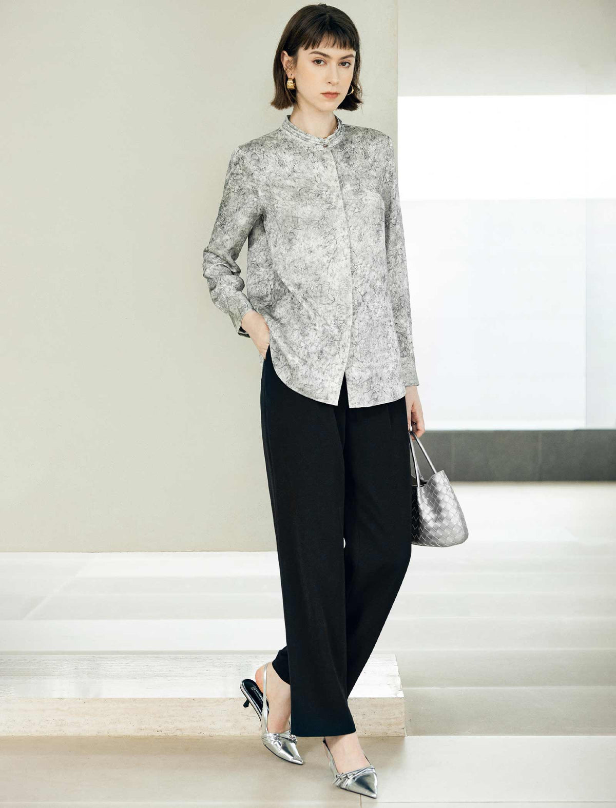 Marble-Print Mandarin Collar Blouse