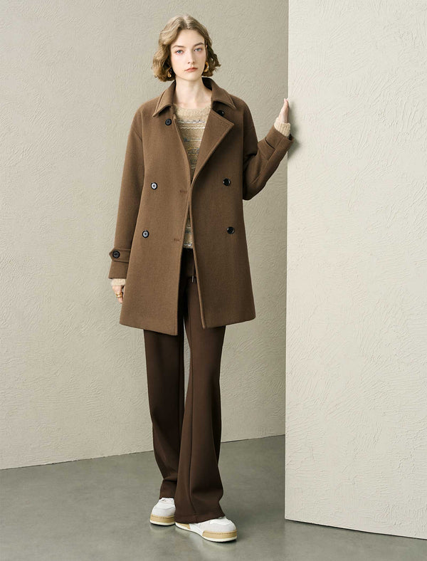 Wool-Blend Double-Breasted Lapel Collar Belted Coat