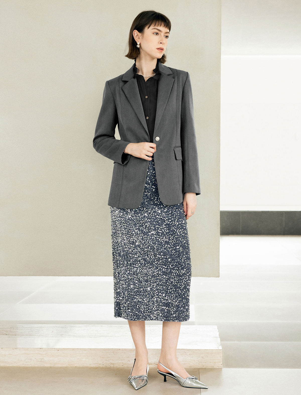 Grey Single-Button Blazer