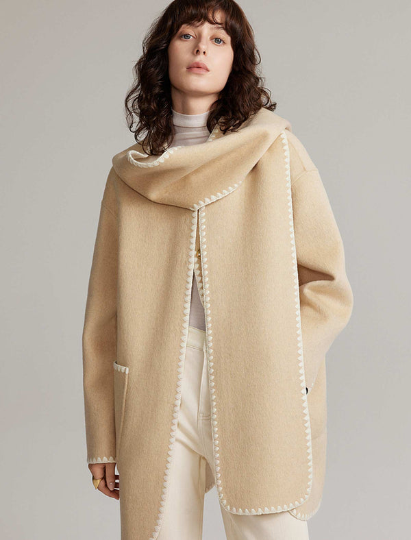 Wool-Blend Contrast Stitching Hooded Coat