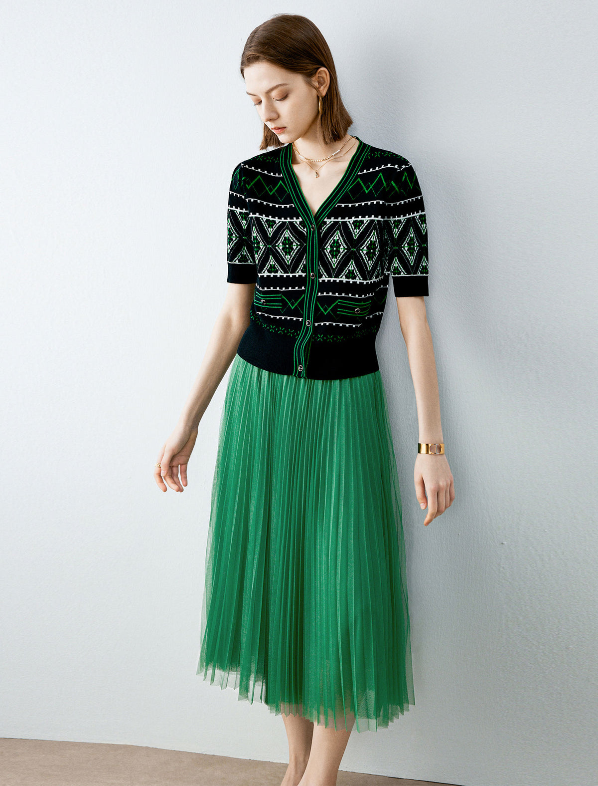Retro Geo Jacquard Knit Short‑Sleeve Cardigan