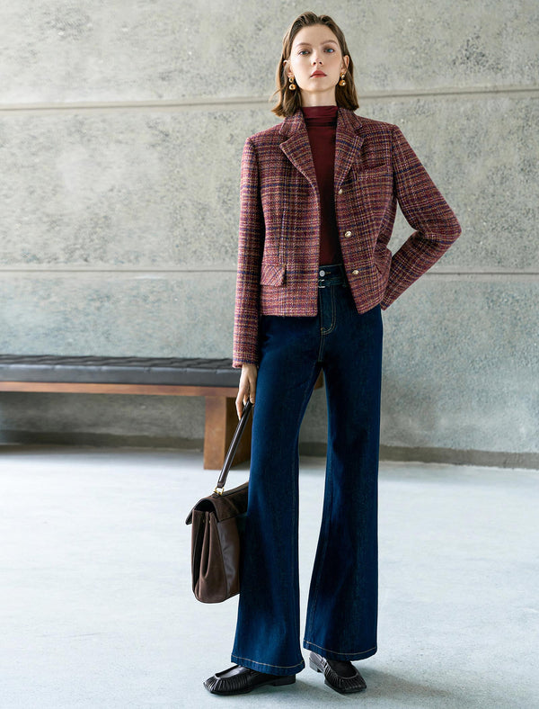 Wool Red Plaid Lapel Short Coat