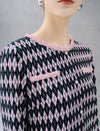 Geometric Plaid Pearl Button Long Sleeve Dress