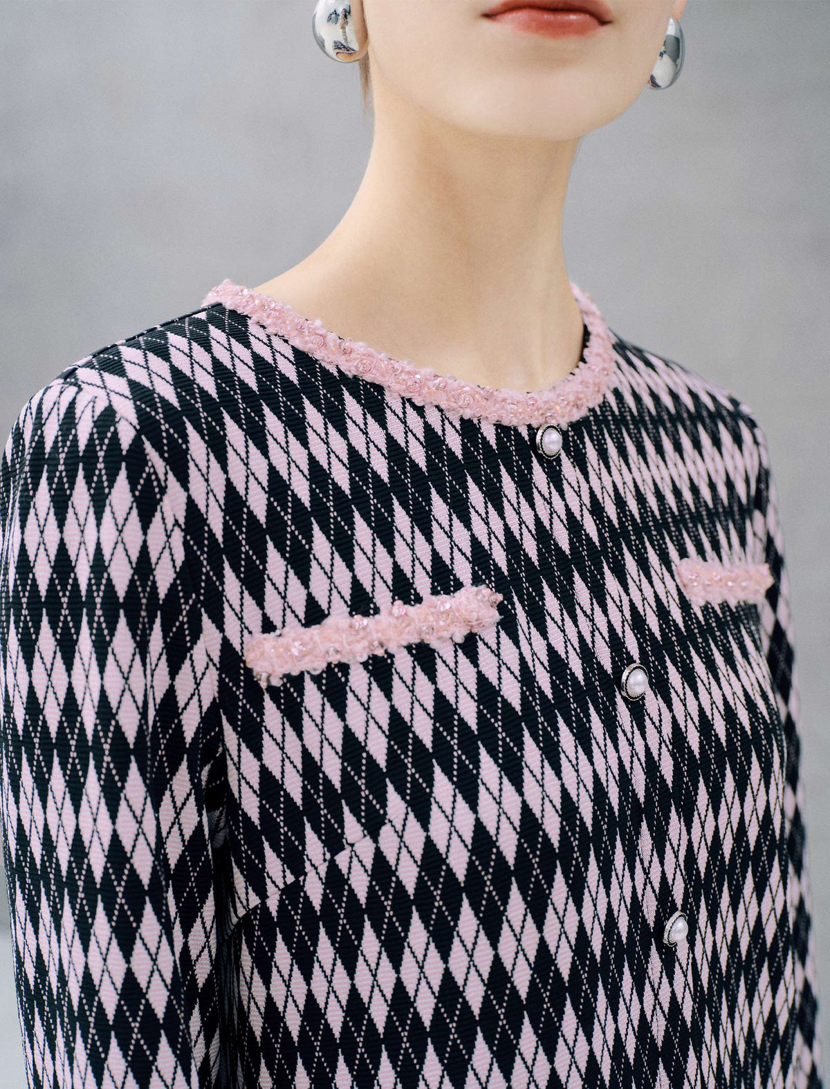 Geometric Plaid Pearl Button Long Sleeve Dress
