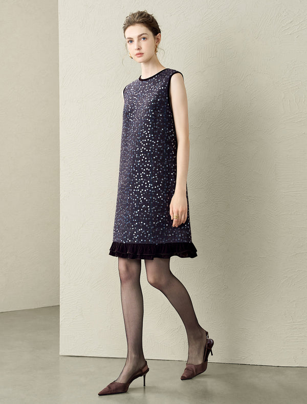 Sequin Tweed Wool Blend Velvet Hem Sleeveless Mini Dress