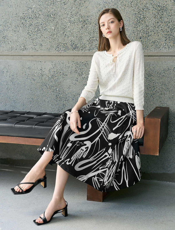 Tencel Eyelet Knit Tie-Neck Sweater