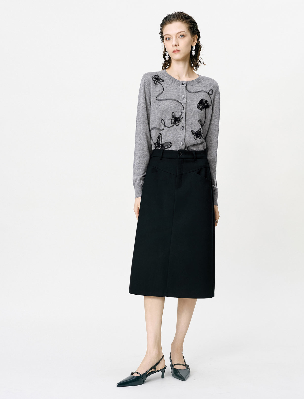 Gray Embroidered Loose Knit Cardigan