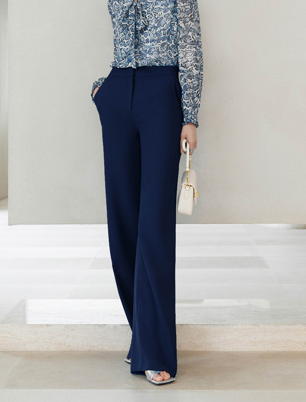 Navy Wide-Leg Suit Pants