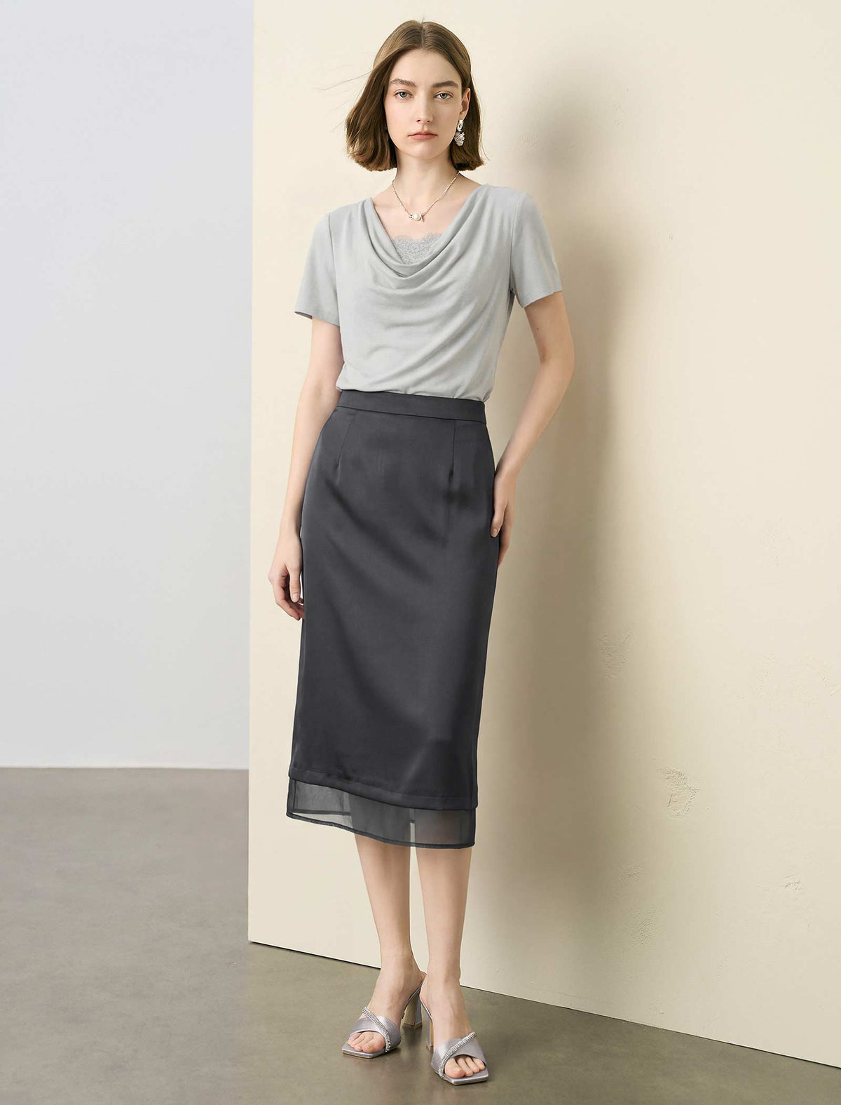 Cowl‑Neck Lace‑Panel Knit Top