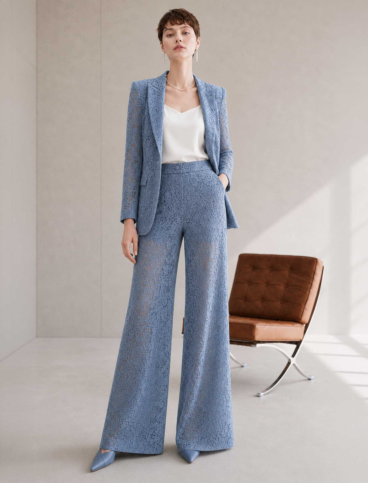 Dusty Blue Lace Wide-Leg Pants