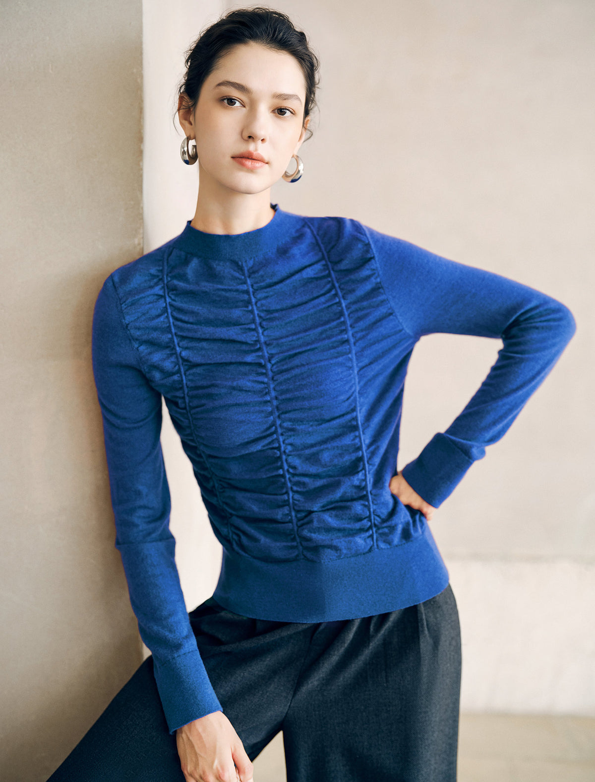 Wool Blend Ruched Front Mock Neck Long Sleeve Knit Top