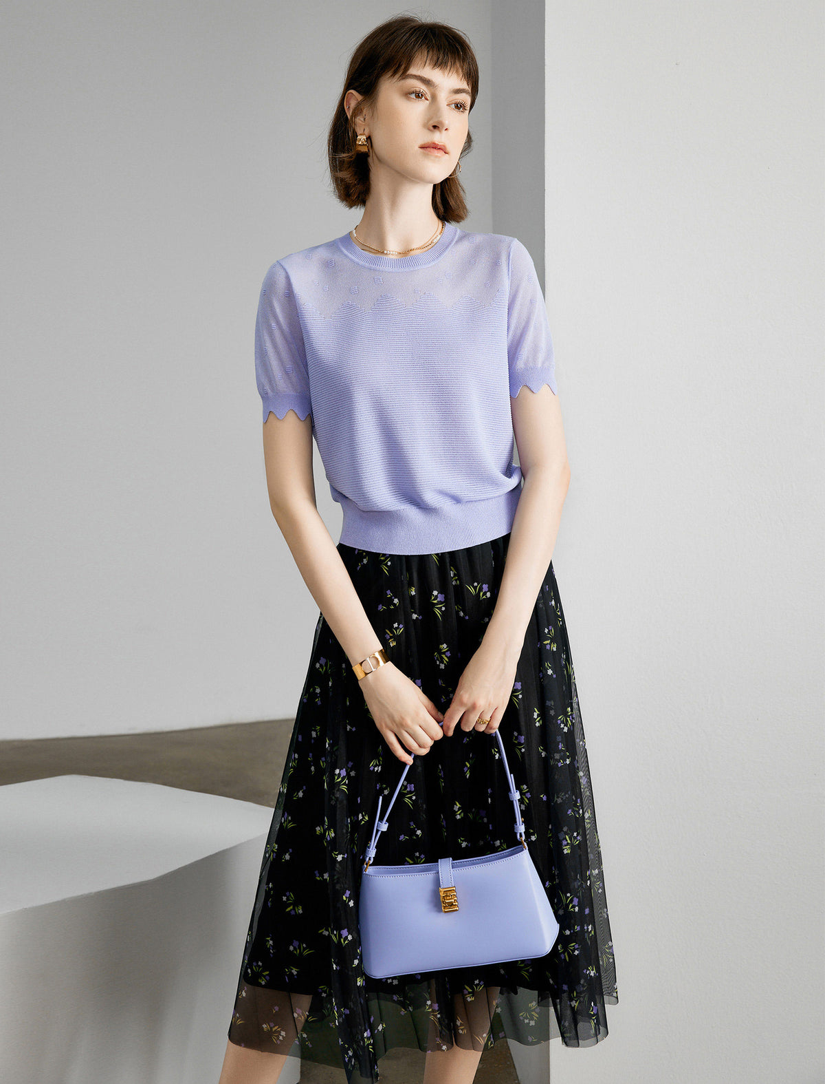 Black Mesh Floral Midi Skirt