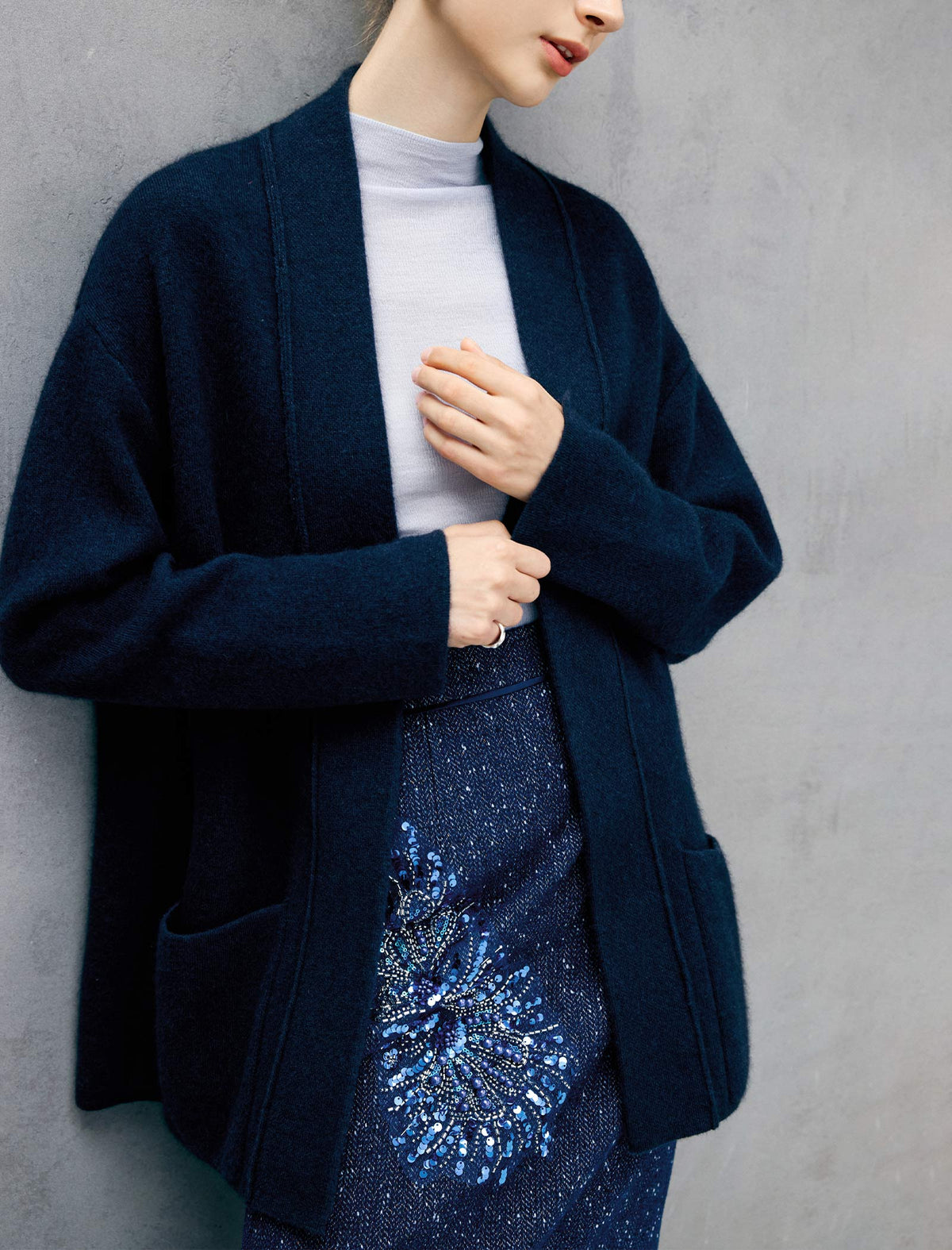 Wool Blend Shawl-Collar Open-Front Pocket Cardigan