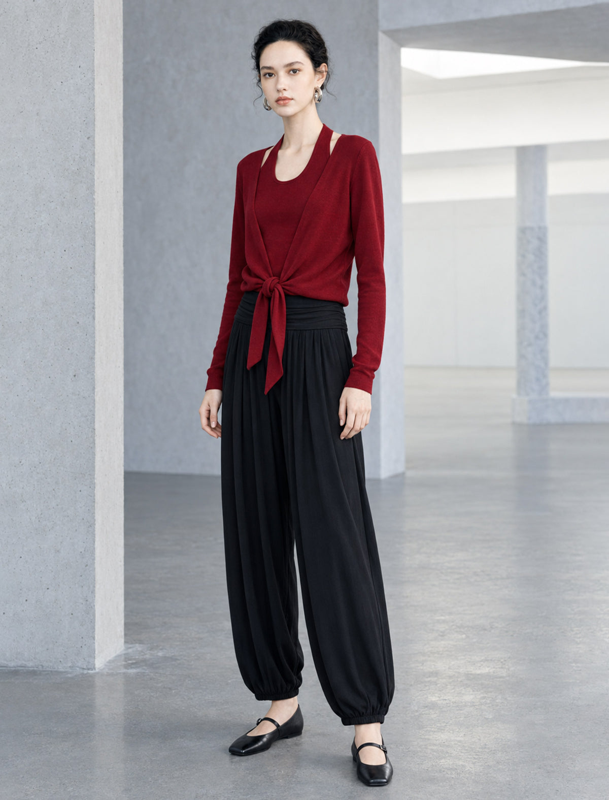 Draped Wool-Blend Ruched Waistband Lantern Pants