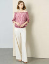 2-Way Pink Floral Print Ruffle Neck Puff Sleeve Elastic Hem Top