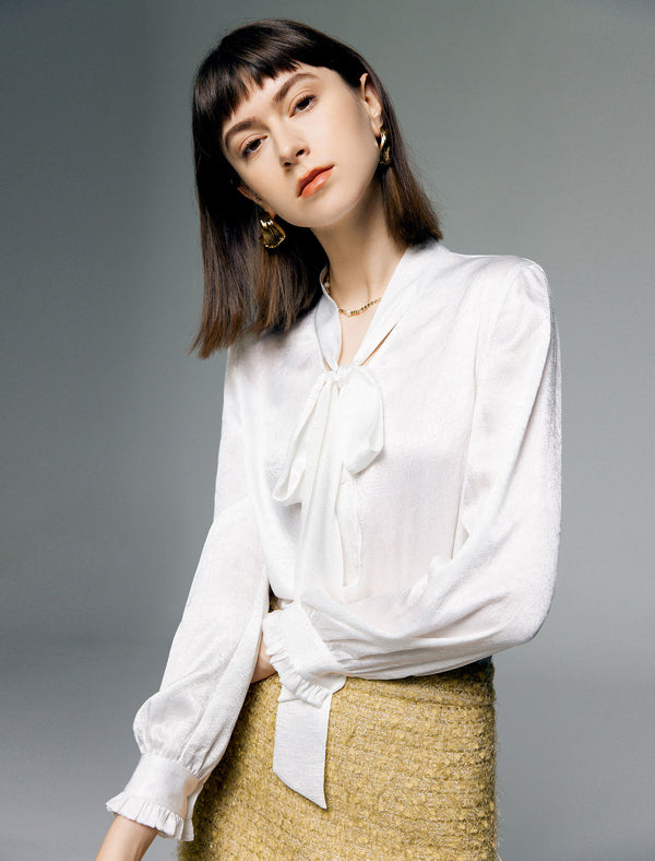 V-Neck Tie-Waist Long-Sleeve Blouse