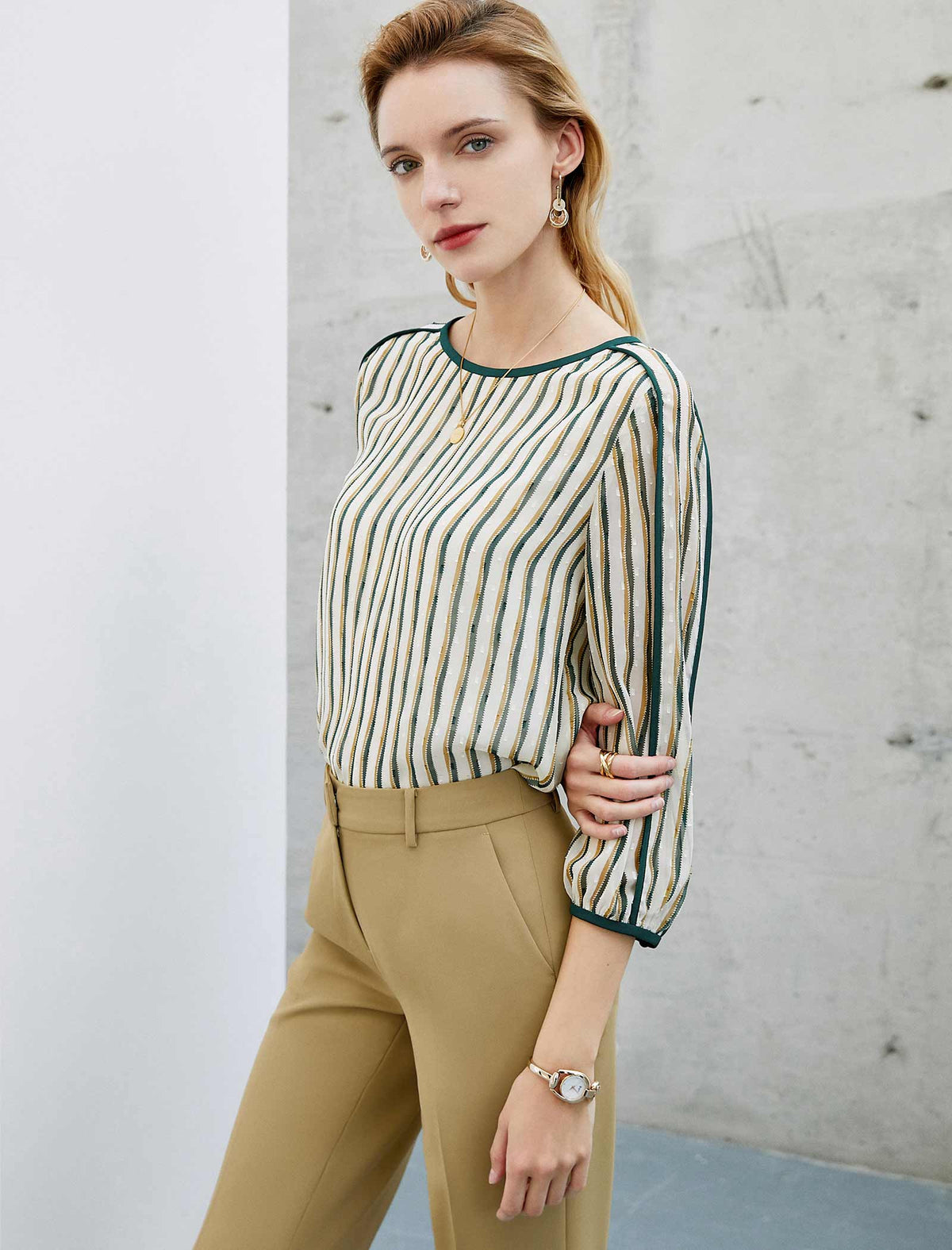 Crew Neck Striped 3/4 Sleeve Top
