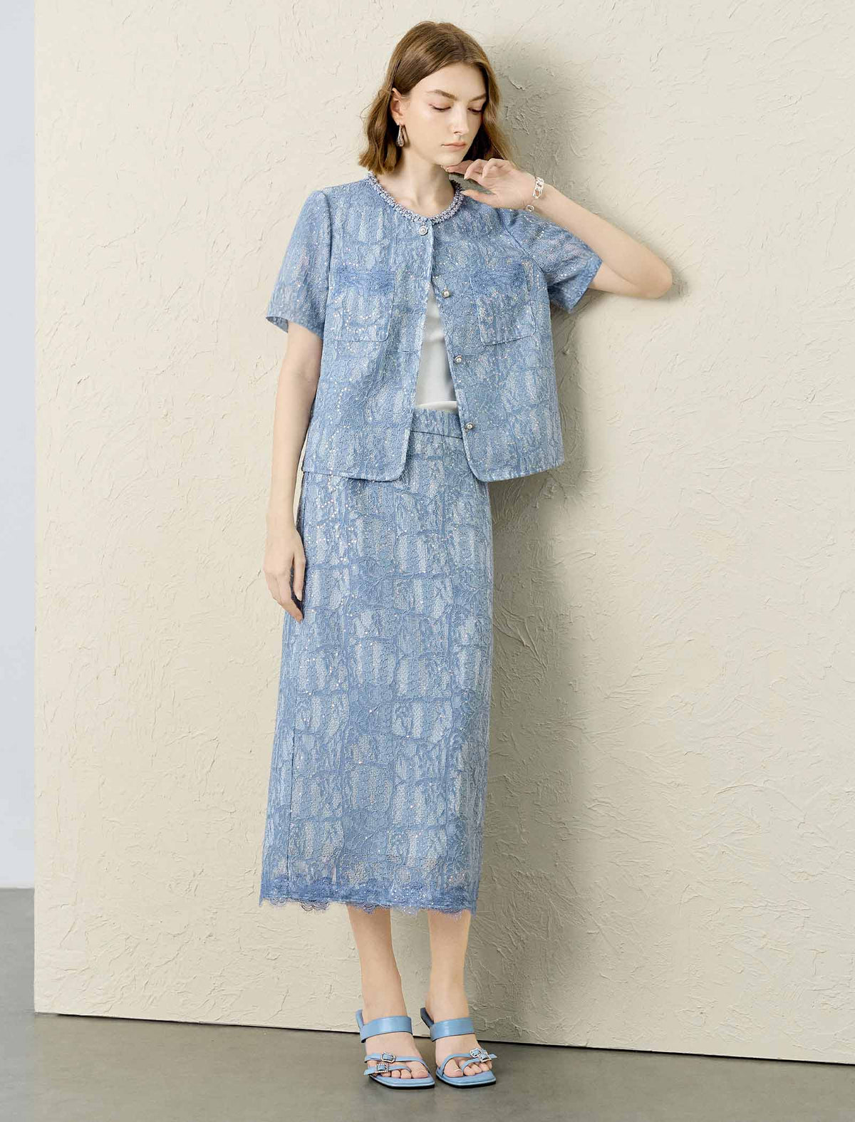 Pearl Trim Short Sleeve Lace Jacket Top