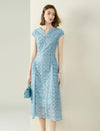 Openwork Print Cap Sleeve Midi Dress