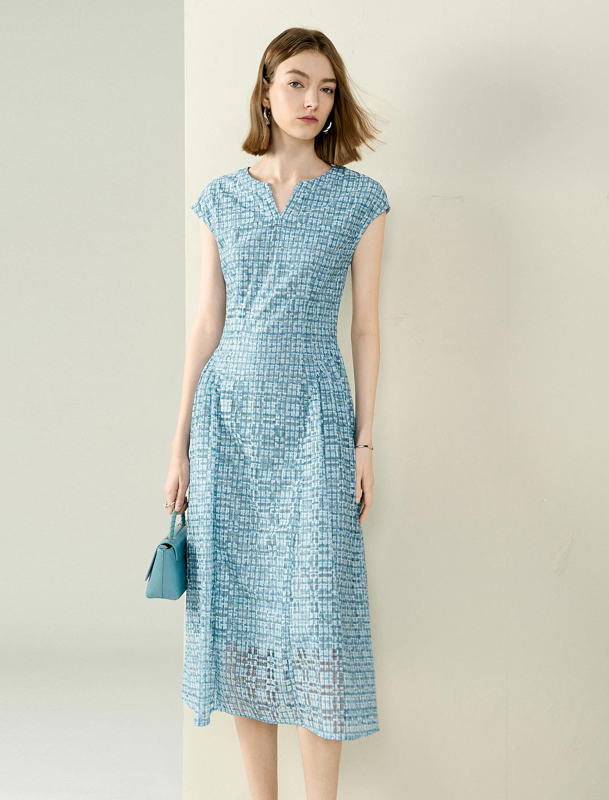 Openwork Print Cap Sleeve Midi Dress