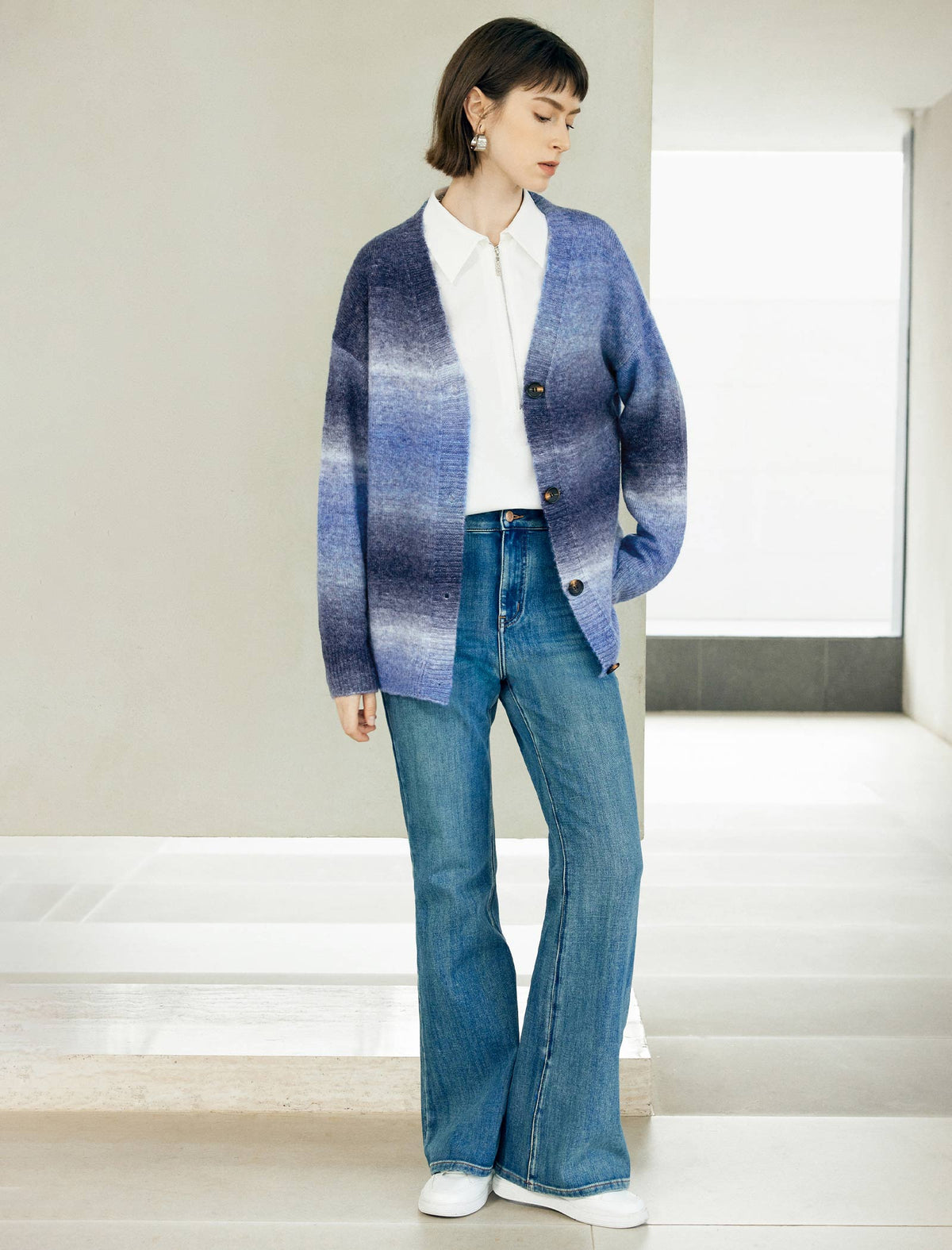 Wool Blend Gradient Stripe Open-Front Cardigan
