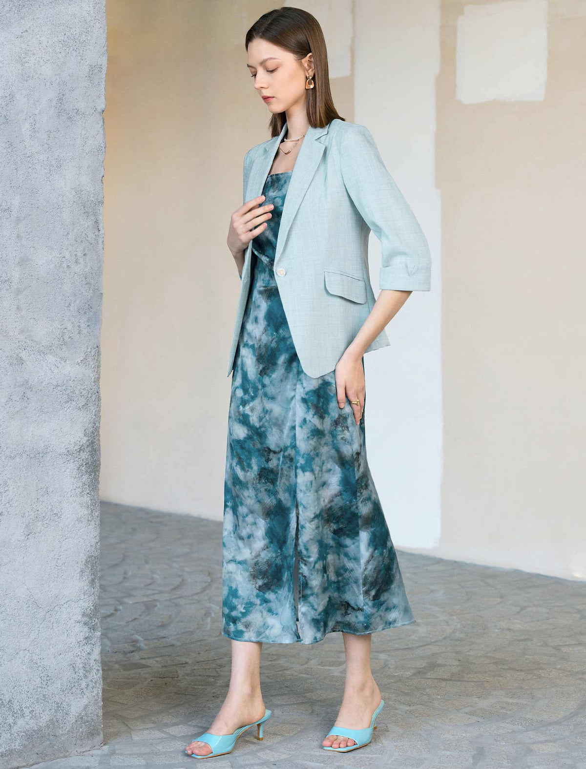 Light Mint One Button Roll Cuff 3/4 Sleeve Blazer