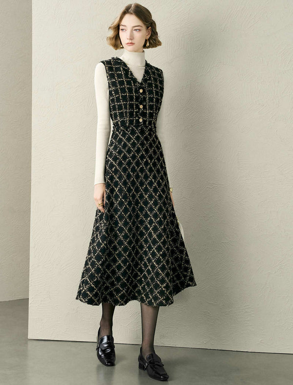 Tweed Check A-Line Sleeveless Midi Dress