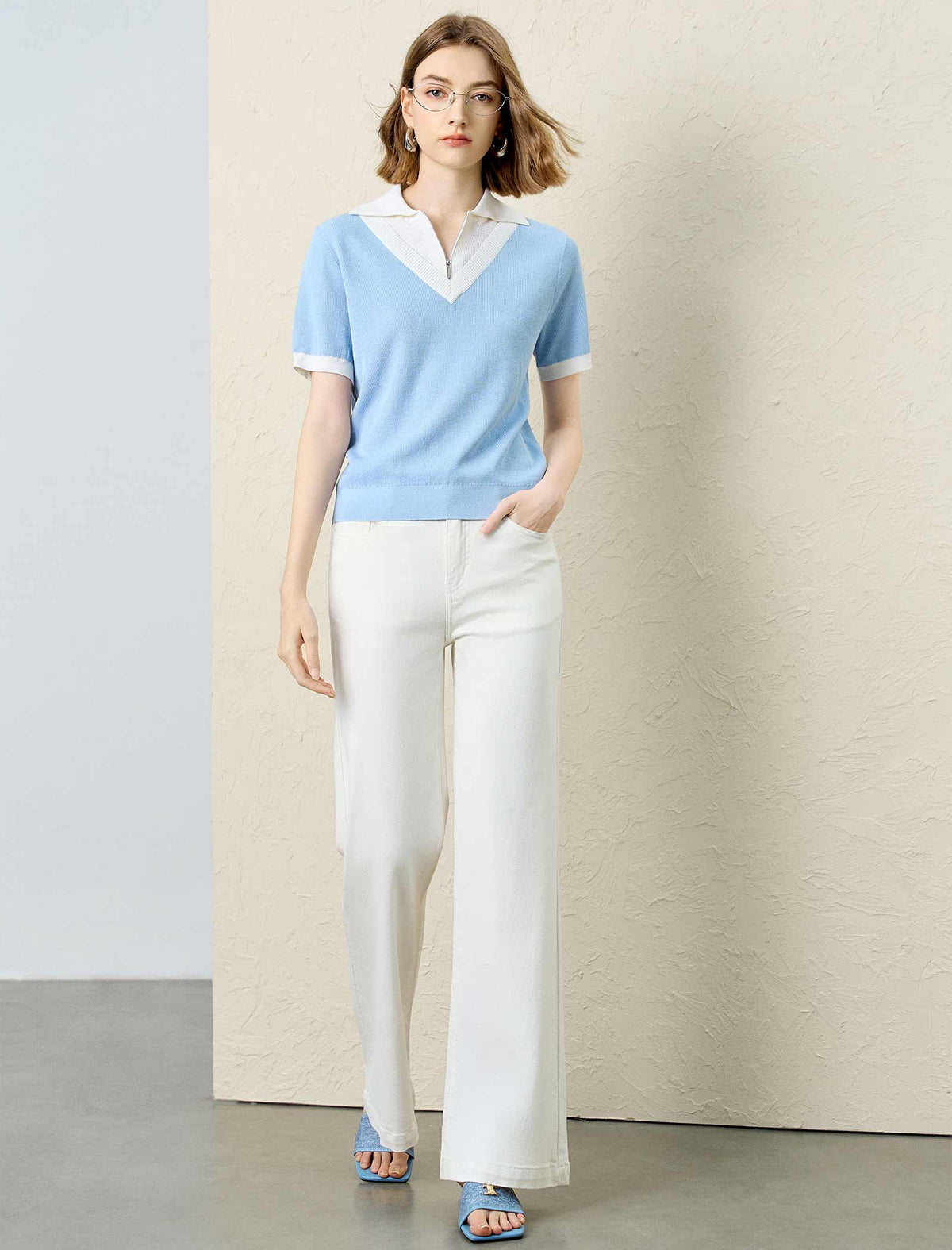 Contrast‑Trim Polo Rib‑Knit Short‑Sleeve Top
