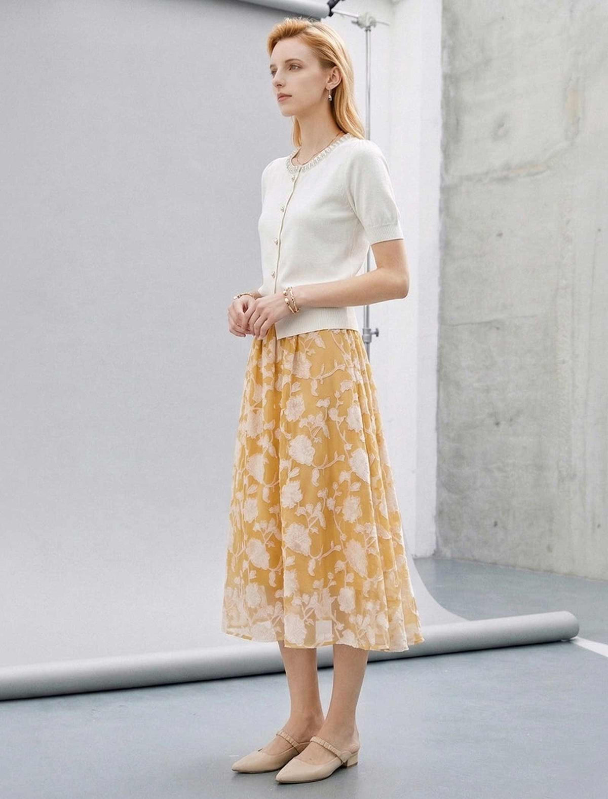Yellow Gardenia Burnout Floral Midi Skirt