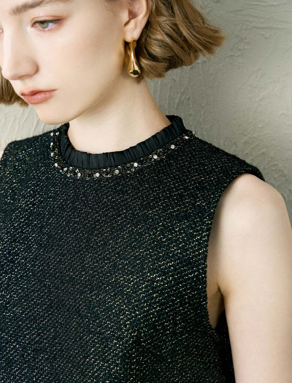 Black Tweed Wool-Blend Ruffle Hem Sleeveless Shift Dress