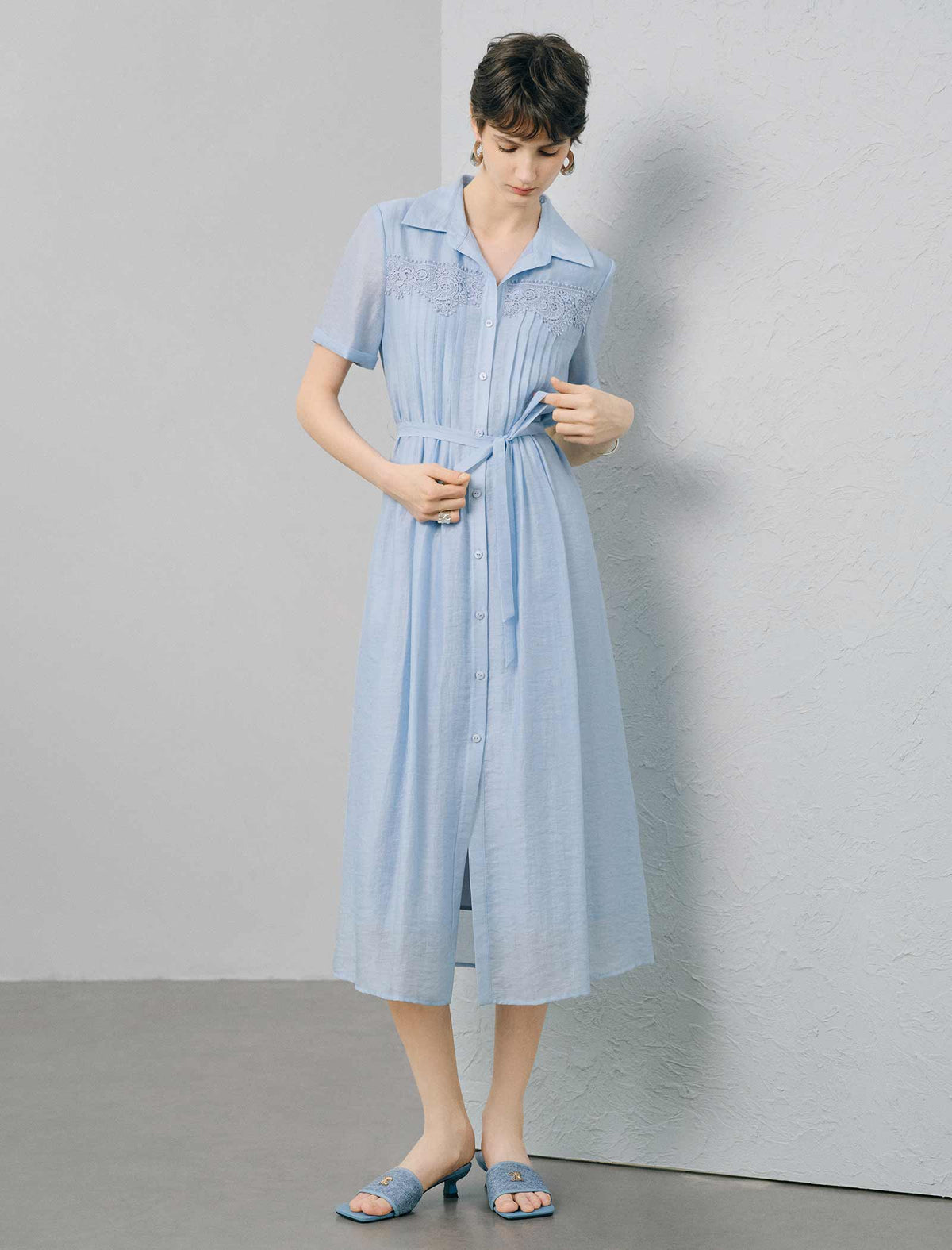 Light Blue Tencel Linen Blend Lace-Trimmed Shirt Midi Dress