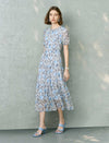 Chiffon Blue Floral Tiered Midi Dress