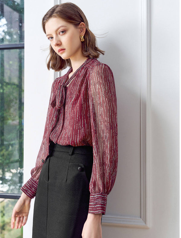 Chiffon Striped Bow Tie Blouse