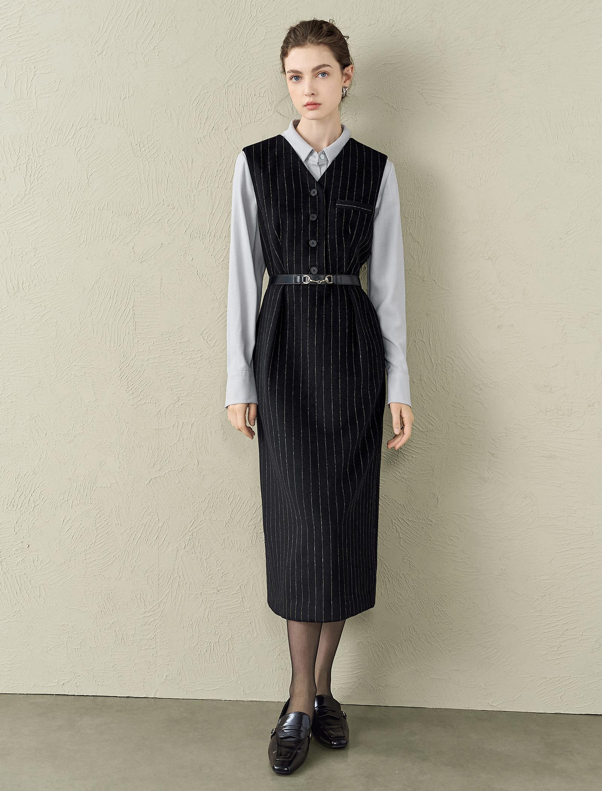 Wool-Blend V-Neck Pinstripe Sleeveless Midi Dress