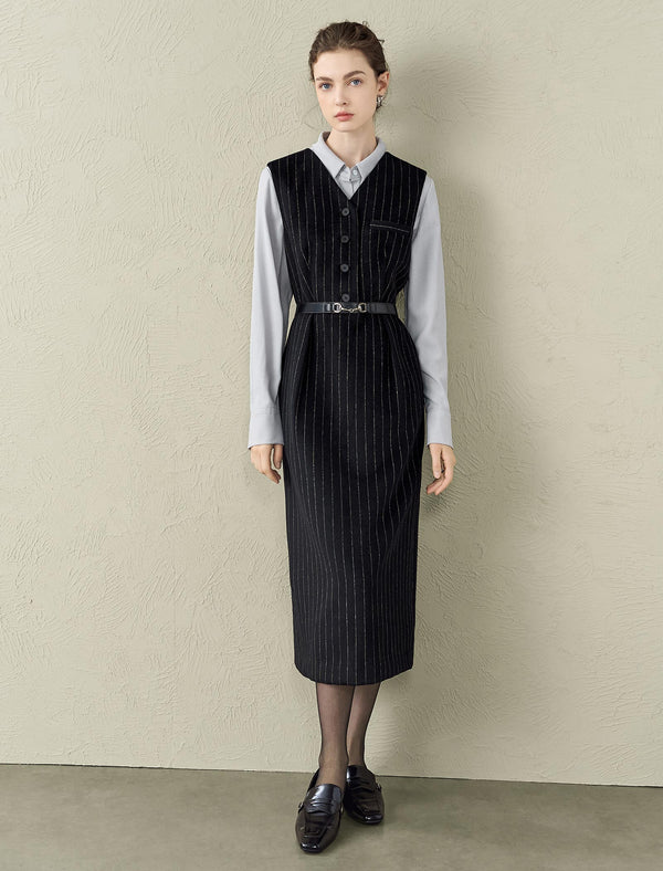 Wool-Blend V-Neck Pinstripe Sleeveless Midi Dress