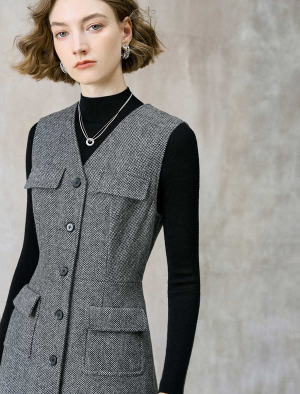 Wool-Blend Sleeveless Tweed Midi Dress