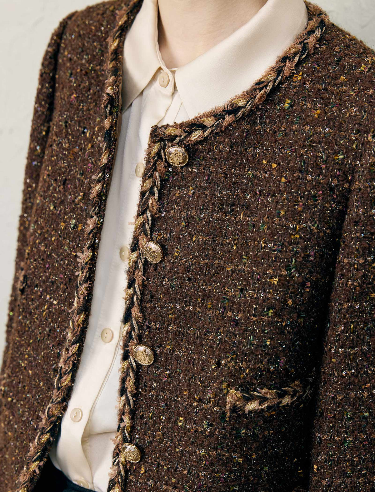 Wool Blend Shimmer Crewneck Button-Front Cropped Jacket
