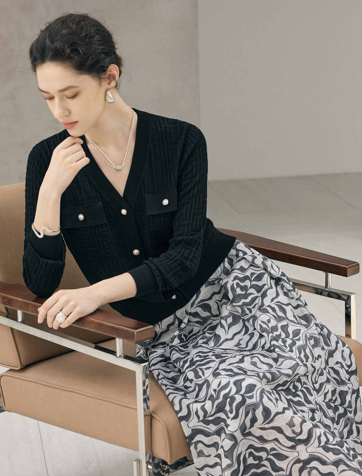 Abstract Floral Print Paneled A-Line Midi Skirt