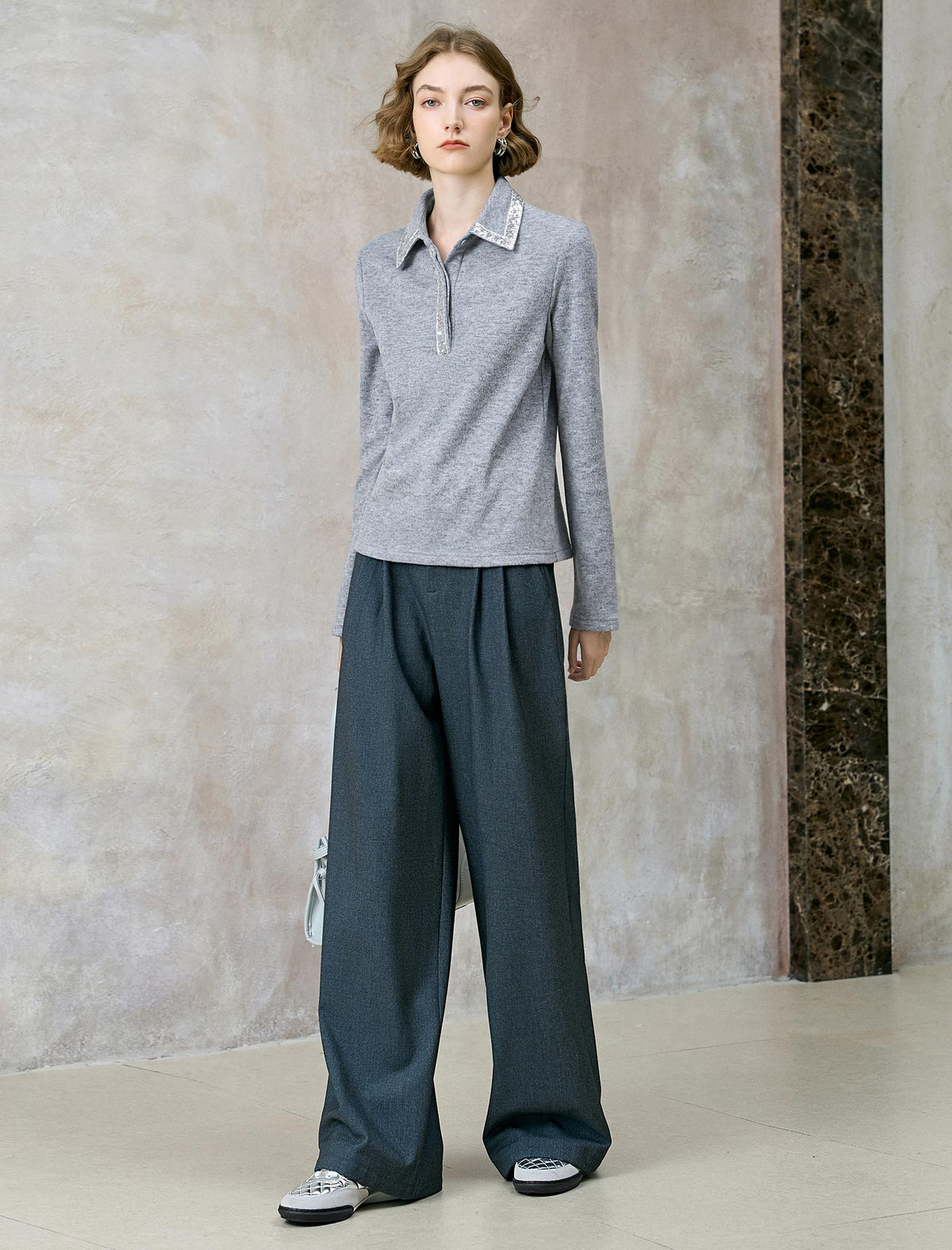 Sequin Trim Wool-Blend Polo Top
