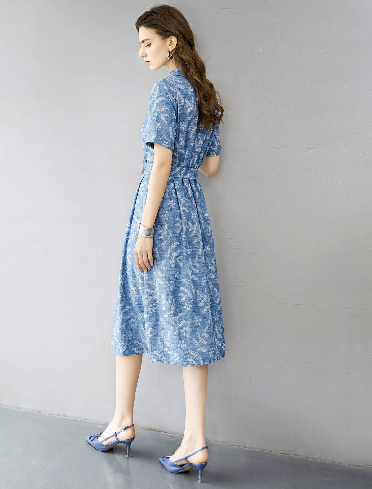 Blue Leaf Floral Print Belted Midi Shirt Dress