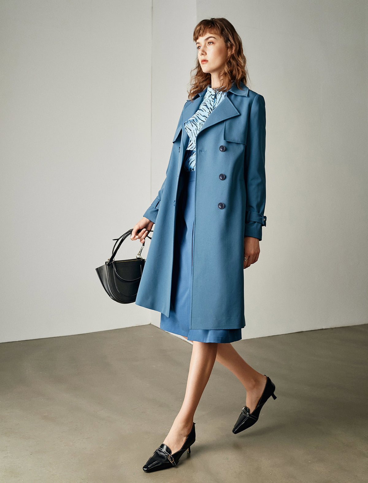 Blue Double-Breasted Trench Coat