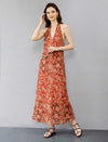 Red Ramie Floral Print Vacation Maxi Dress