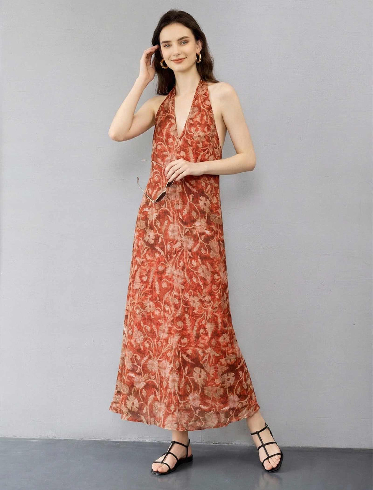 Red Ramie Floral Print Vacation Maxi Dress