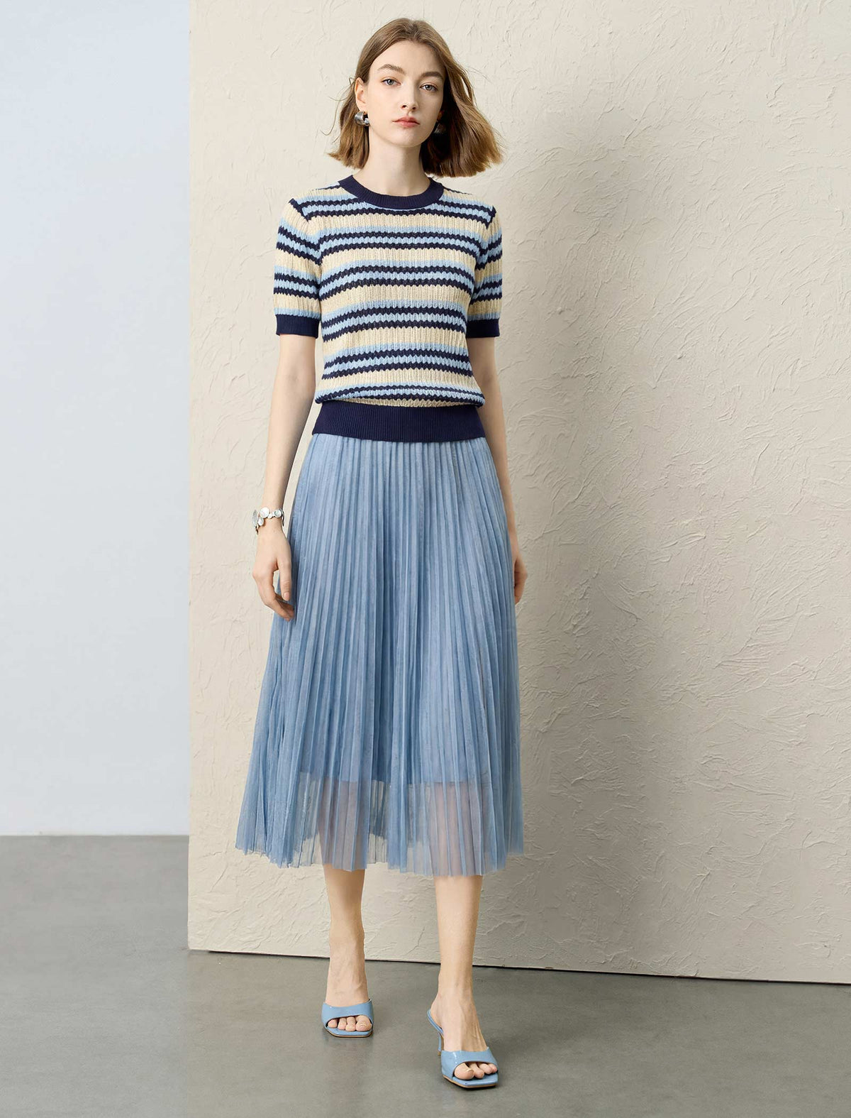 Tencel Striped Short-Sleeve Knit Top