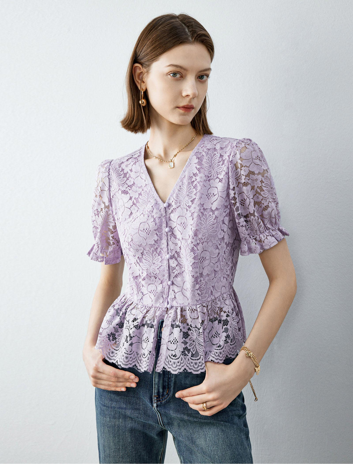 Lace V-Neck Ruffle Detail Puff Sleeve Top